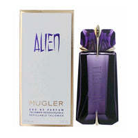 Alien Eau De Parfum bottle in purple with black bow-shaped cap next to white box with blue text and Mugler branding.