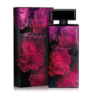 Always Red Femme perfume bottle and box with magenta floral design on black background
