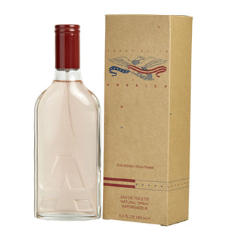 America Eau De Toilette bottle with red cap next to kraft paper box packaging
