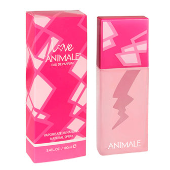Animale Love pink fragrance bottle and box with geometric pattern design