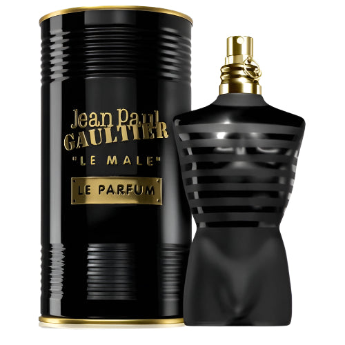 Jean Paul Gaultier Le Male Le Parfum 6.8 oz matte black torso bottle with black cylindrical packaging front view