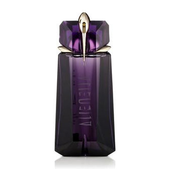 Alien Eau De Parfum bottle in deep purple with black overlay and gold-tone cap.
