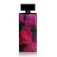 Always Red Femme rectangular bottle with pink floral design on black background