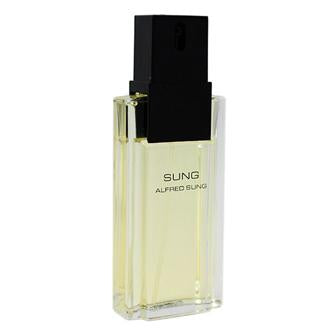 Alfred Sung eau de toilette bottle with clear glass, pale yellow liquid, and black cap