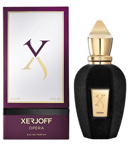 Xerjoff Opera Eau de Parfum 1.7 oz matte black bottle with gold cap and packaging box front view