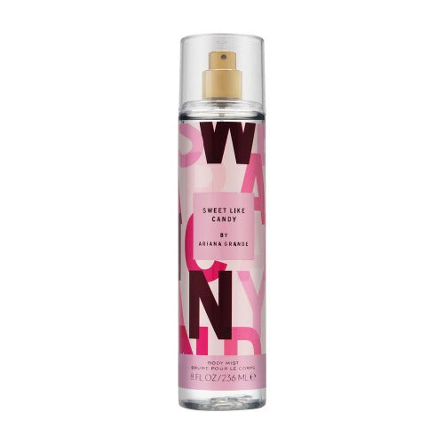 Ariana Grande Sweet Like Candy body mist spray bottle with pink and burgundy geometric label design