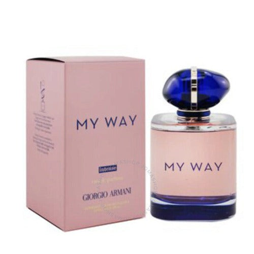 Armani My Way Intense perfume bottle with pink box and blue cap displayed together.