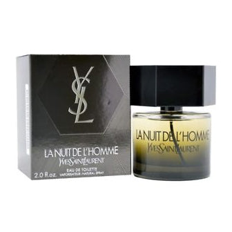 Yves Saint Laurent La Nuit De L'Homme Eau de Toilette 2.0 oz smoky grey bottle with dark packaging box front view