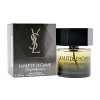 Yves Saint Laurent La Nuit De L'Homme Eau de Toilette 2.0 oz smoky grey bottle with dark packaging box front view